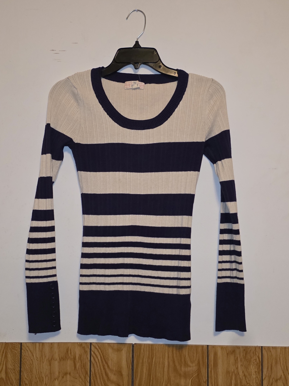 Pink Republic Navy and Cream Striped Ribbed Crewneck Sweater